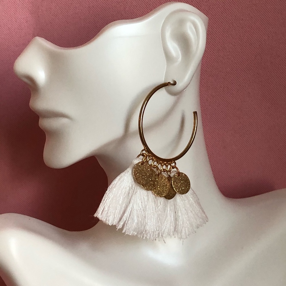 White and Gold Fringe Hoop Earrings